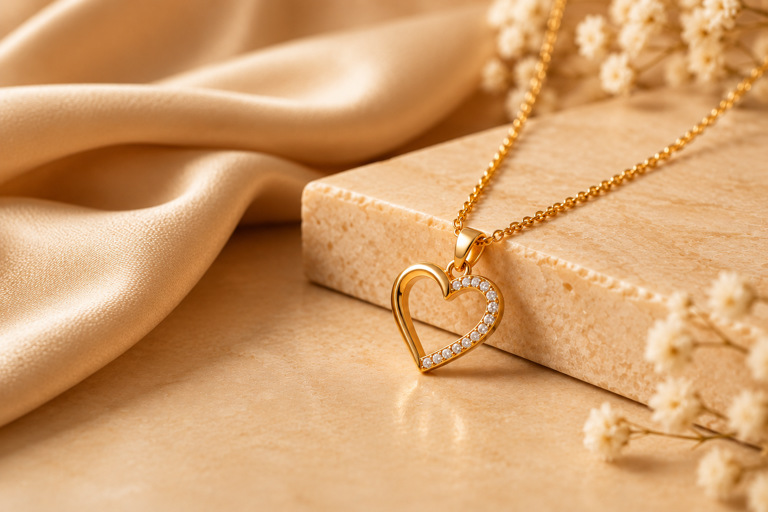 Golden Heart Pendant on Satin and Stone